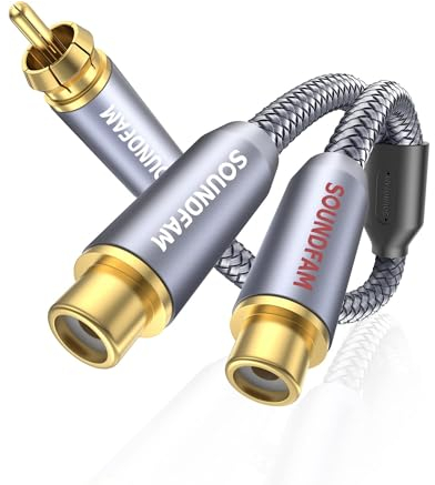 SOUNDFAM Répartiteur RCA 1x RCA Mâle vers 2x RCA Femelle PREMIUM Câble Répartiteur Subwoofer Adaptateur RCA Y pour caisson de basses, Amplificateur (30cm/Gris/1M-2F)