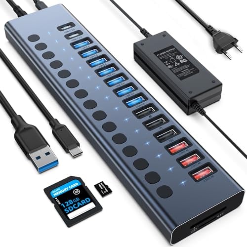 Hub USB alimenté, hub USB 3.0 17 Ports 90W VANGREE (10 Ports USB 3.0+3 Ports de Charge Rapide QC24 W+2 Ports USB-C 3.0+Lecteur de Carte SD/TF), interrupteurs Marche/arrêt individuels.