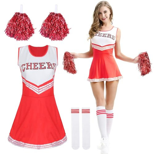 DAZZTIME Cheerleader Kostüm Damen,Kostüm Cheerleader,Cheerleadering Outfit Mädchen,Kostüme für Erwachsene,Cheer Outfit Fasching Party Halloween Kostüm Kleid mit Pompoms Socken,Karneval,Mottoparty.