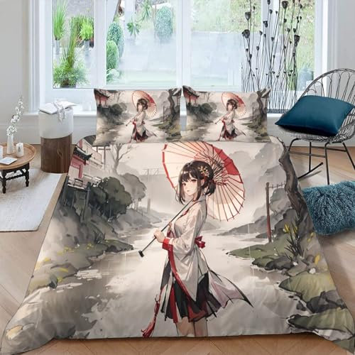 DILANI Anime Mädchen Bettwäsche-Set 135x200cm Japanische Manga-Kawaii 3D-Druck Weiche Mikrofaser 3 Teilig Bettbezüge mit Reißverschluss und 2 Kissenbezüge 80 x 80 cm für Erwachsene Kinder