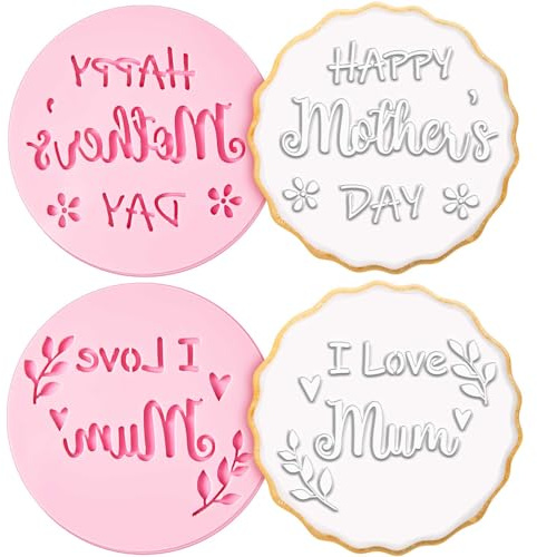 Nuenen Happy Mother's Day Stamp Cupcake Cookie Stamp I Love Mum Heart Icing Fondant Embosser Pink Silicone Mould Baking Accessories 3D Floral Cookie Cutters Mom Birthday Blessing (Fresh Style)