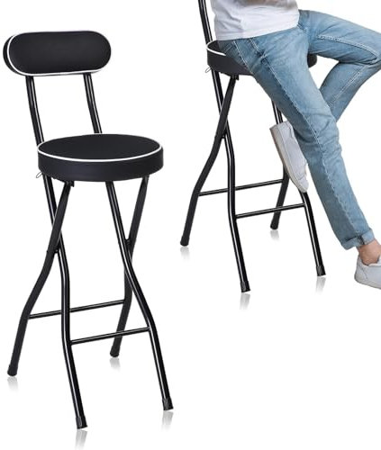 DURAGS Sgabello da Bar Alto Pieghevole con Schienale per Adulti, Sgabello da Colazione Imbottito In PU da 60/65/70 cm, Sgabello Pieghevole Ad Altezza Bancone (Color : Zwart, Size : 70cm/28inch)