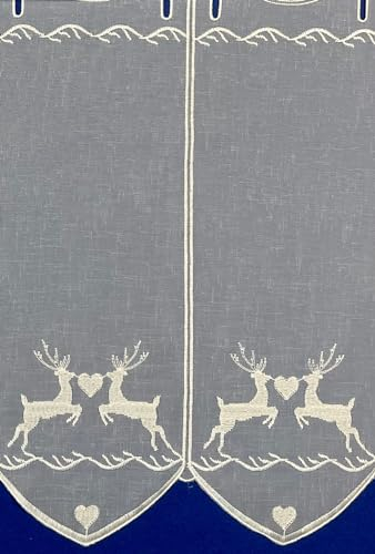 Hans-Textil-Shop Stoff Meterware Doppel Hirsch Herz Creme Stick Scheibengardine - 1 Meter, Landhaus, Tiere, Fenster, Vorhang, Lichtdurchlässig, Deko