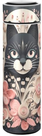 LINNIKEEEE Motif Floral Chat Noir Bouteille D'Eau Isotherme - Acier Inoxydable,Étanche Flacon Isolé Sous Vide,Thermos Anti-Fuite pour Garçons Filles