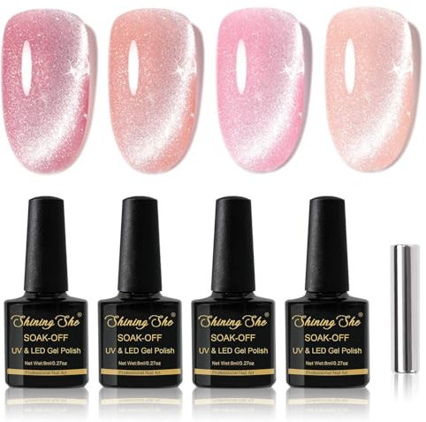 Shining She Cat Eye Gel Nail Polish, 4 Colours Glitter Pink Rose Gold Magnetic Nail Polish with Magnet Soak-Off UV/LED Spring Summer Gel Polish for Nail Art Salon DIY Home, 8ML