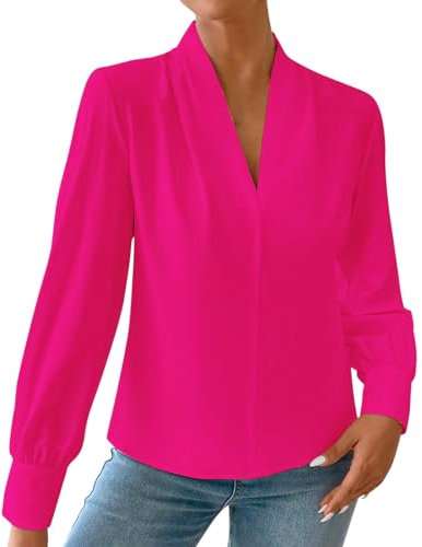 Generico Maglietta Donna Scollo A V Curvy T Shirt Palestra Donna Lunga Top Donna Sexy Fucsia Top di Seta Fucsia Maglia Cotone Donna Manica Lunga Camicia Donna Azzurra Elegante