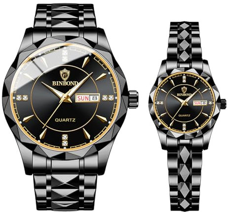 JewelryWe Paar Uhren Edelstahl Partneruhr: 2pcs 30m Wasserdicht Kalender Analog Quarz Pärchen Armbanduhr Schwarz Edelstahl Armband Freundschaftsuhr mit Schwarz Zifferblatt und Gold Leuchtzeiger