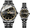 JewelryWe Paar Uhren Edelstahl Partneruhr: 2pcs 30m Wasserdicht Kalender Analog Quarz Pärchen Armbanduhr Schwarz Edelstahl Armband Freundschaftsuhr mit Schwarz Zifferblatt und Gold Leuchtzeiger