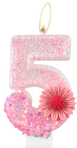 Rosa Gänseblümchen Geburtstagskerzen, rosa Geburtstag Nummer 5 Kerzen für Geburtstagskuchen, rosa Blume, 5th Geburtstagskerze, Glitzer-Blumenkerze für Mädchen, 5th Geburtstag Party-Dekorationen