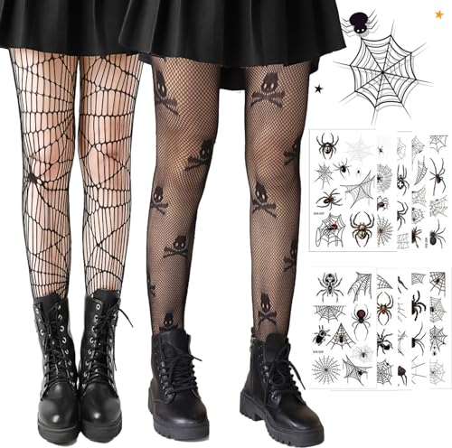Netzstrumpfhose Schwarz Halloween, 2 Paar Spinnennetz Strumpfhose mit 10 Blätter Temporäre Schwarz Spinnen Tattoos, Halloween Karneval Spinnen Tattoo, Strumpfhose Spinnennetz, für Festspiele Cosplay