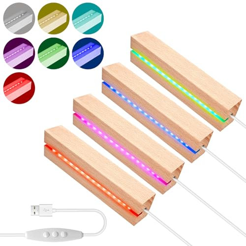 BORDEAG 4 Stück LED Lichter Display Basis, LED Sockel Holz, LED Sockel, LED Lichtsockel, LED Display Basis, USB Lichtsockel für DIY-Acrylplatten, für Milchglas, Kristallglasplatte, Ornament