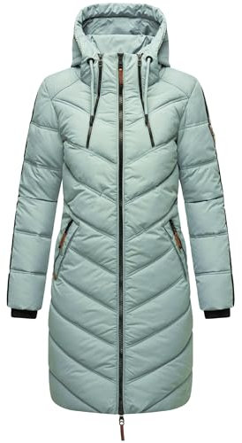 MARIKOO Damen Wintermantel Warmer Steppmantel lang mit Verstellbarer Kapuze Armasa Smokey Mint Gr. XL