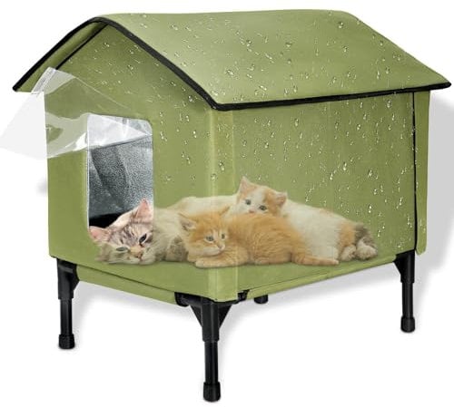 Large Outdoor Cat House, Elevated Waterproof Insulated Cat Kennel for Outside, Winter House for Indoor Outdoor Cats and Small Dogs, Feral Cat Shelter for Multiple Cats (Green)