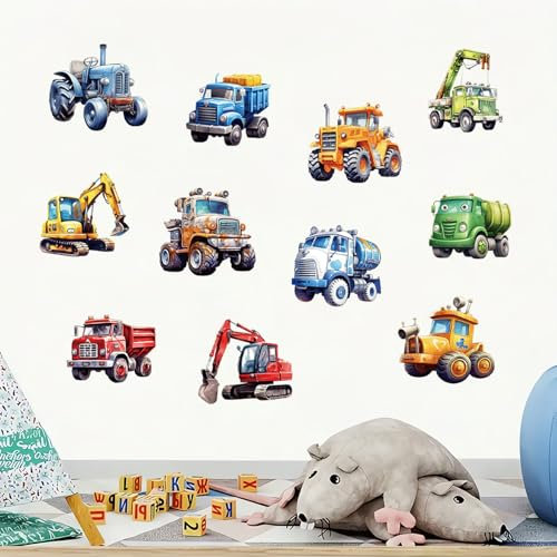 Wandtattoo Kinderzimmer Junge Fahrzeuge Traktor Wandaufkleber Auto Bagger Wandsticker Junge Kinderzimmer Babyzimmer Spielzimmer Wanddeko,mit Baumaschinen, selbstklebend - Bagger (Set mit 11 Motiven)