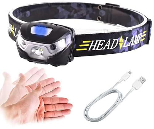 Genérico Linterna Frontal LED Recargable con Sensor de Movimiento, Super Brillante, Impermeable y ajustable, 30h de Autonomía, Ideal para Camping y Actividades al Aire Libre
