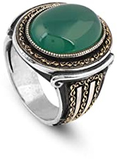 Jewellery Pit - Handgemachter Jade-Ring im Ottomane-Stil, gravierter Edelstein, poliert, Verlobungsring aus 925 Sterling Silber, Vintage Herrenring mit Adeau Silberputztuch (61)