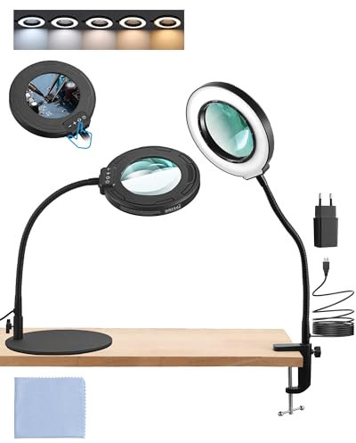 eSynic 10X Loupe sur Pied avec 72 LED Loupe de Bureau 10 Luminosité 5 Couleurs 3000-6500K 35M Tuyau Réglable avec Base Pince de Table pour Lecture Couture Bijoux