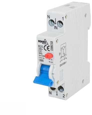 Interruptor diferencial 1P B 16A 30mA tipo AC, protección contra sobrecargas, aislamiento y prevención de descargas eléctricas.