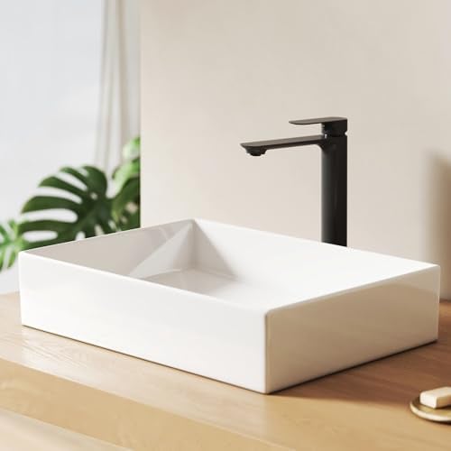 EMKE Aufsatzwaschbecken Rechteckig 51,0 × 37,3 × 11,0 cm – Keramik Waschbecken für Badezimmer & Gäste-WC, Ohne Hahnloch, Badezimmer Waschbecken Rechte Winkel, Weiß