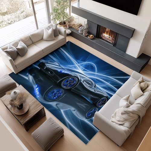 Generisch Teppich Wohnzimmer Surreal Für Schlafzimmer Jugendzimmer Deko, Flanell Weich Kurzflor Teppiches, Abstrakt Sportwagen 160 X 230 cm, Waschbarer rutschfest Blau