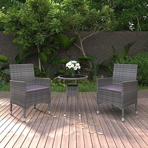 Yunovire 3-TLG. Garten-Essgruppe Poly Rattan Grau, mit 60cm Glas-Tisch, 2 Stühlen und Kissen, witterungsbeständig für Balkon, Terrasse, Outdoor-Patio
