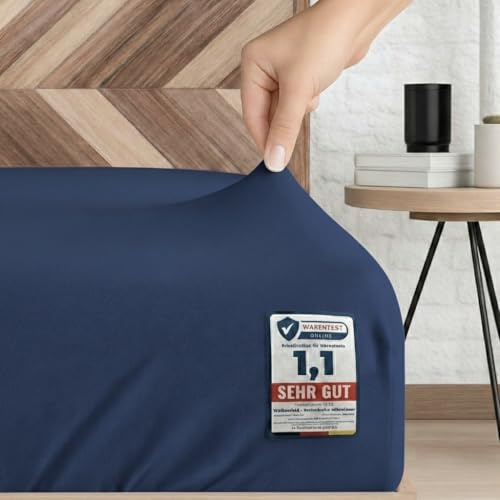 Wolkenfeld Spannbettlaken 90x200cm bis 100x200cm aus 100% Baumwolle, Oeko-TEX Zertifiziert – Weiches Jersey Spannbettlaken 100x200 für Matratze und Topper bis 20 cm – Marine Blau