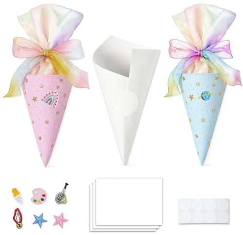 VTMJ 2 Stück Schultüte Mädchen Jungen, Geschwister Schultüte Füllung, Kleine Schultüten mit Bügelaufnäher, Mini Schultüten zum Befüllen, Zuckertüte Klein für Geschenktüte Einschulung, Rosa und Blau
