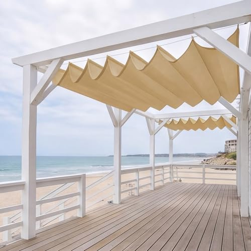 Voile Ombrage Rétractable Vague 200 x 360 cm Toile PES Résistant à l'eau Pergola Marquise Réglable UV Protection pour Pergola Jardin Balcon, Jaune Sable