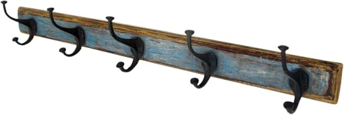 5er Vintage Garderobenhaken, Hakenleiste aus Holz und Metall, antikblau | Handgefertigte Wandhaken, vielseitig einsetzbar, Eyecatcher für jeden Raum, ideal für Kleidung, Handtücher, Schlüssel.