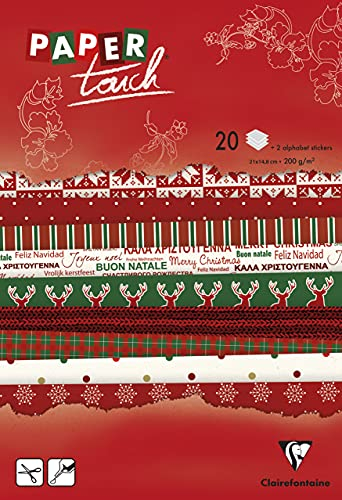 Clairefontaine 95178C - Zeichenblock / Bastelblock mit bedrucktem Bastelpapier DIN A5 14,8x21cm Magnolien 2x10 Motive und 2 Bögen Stickers mit Alphabet 22 Blatt 210g, Weihnachten, 1 Stück