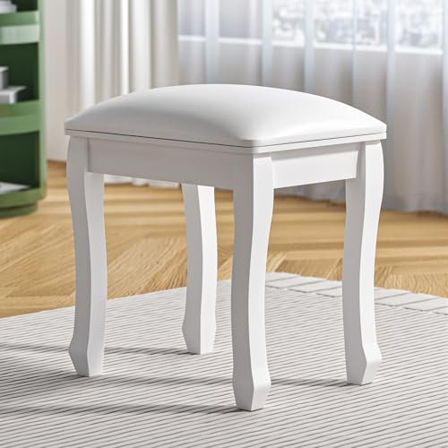 Organizedlife Taburete tapizado moderno para tocador, taburete acolchado con almohadillas antideslizantes para los pies, para vestidor, dormitorio, entrada, patas curvas, color blanco