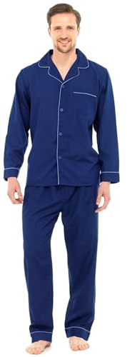 Mens Traditional Pyjamas 2 Piece Set Classic Style Plain Poly Cotton Pjs Nightwear Lounge Wear Sleepwear Suits Button Up Long Sleeve Shirt Tops Pants Trousers Bottoms(Navy, 2XL)