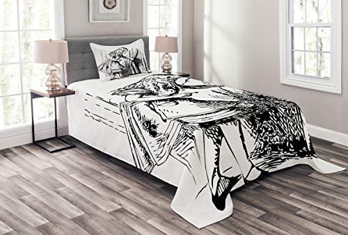 ABAKUHAUS Karikatur Tagesdecke Set, Fairy Adventure, Set mit Kissenbezügen Waschbar, für Einzelbetten 170 x 220 cm, Schwarz Weiß