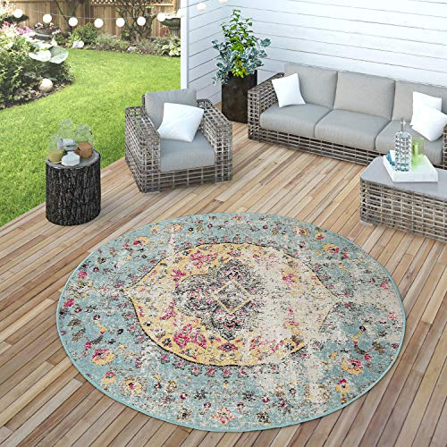 Paco Home In- & Outdoor Teppich Modern Orient Print Terrassen Teppich Türkis, Grösse:Ø 200 cm Rund