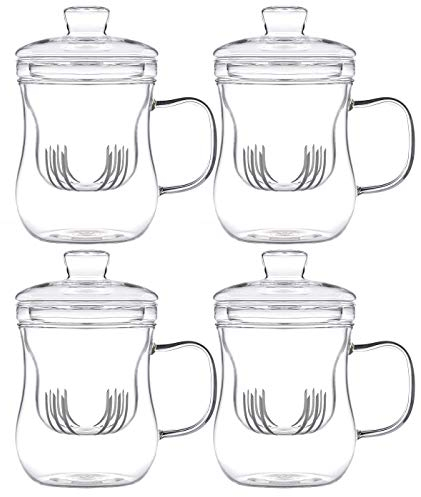 4 Stück Teetassen mit Glas-Filter und Deckel. Handgefertigte Teegläser für losen Tee oder Beutel. Mit je 400ml Füllvolumen und elegant geschwungener Form.