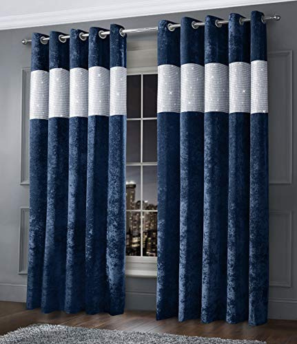 Intimates Luxury Thermal Crushed Velvet Navy/Dark Blue Ringtop Pair of Curtains (Diamante, 66 Wide x 90 Drop)