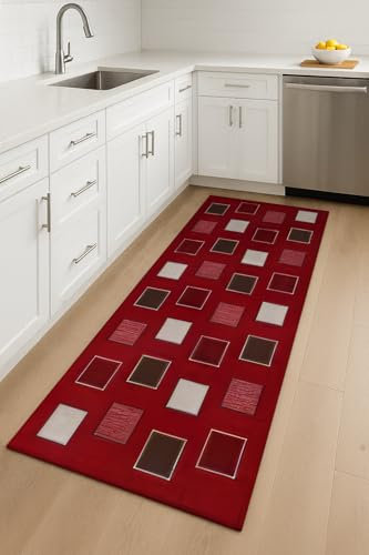 HomeLife Tapis Cuisine Devant Evier Lavable Fabriqué en Italie | Tapis Couloir, Cuisine Long Antitache, Tapis de Cuisine Antidérapant et Lavable | Tapis de Passage (55X140 Carré Rouge)