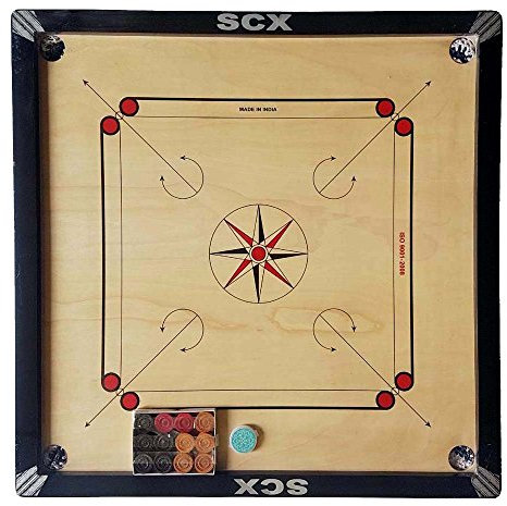 SHREYAS Carrom-Brettspiel, mittlere Größe (10 Stück Karrom-Brett) (66 x 66 cm außen) (58 x 58 cm innen), 3,8 cm großes Münz-Set und Aufkleber, GHT-4