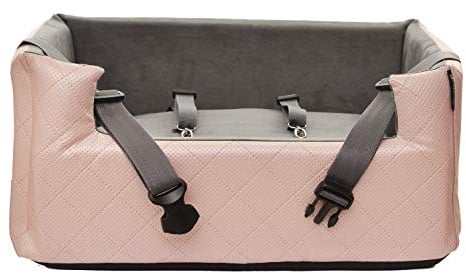 Exclusive Hunde Autositz | Autositz für Hunde, Katzen, Haustier | Rückbank, Beifahrersitz | Hundebett, Hundetasche | Kunstleder | Farbe: Metallic Rosa | Große: L (57x50 cm)