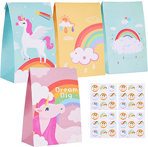 Hukermoon 24 Stück Einhorn Partytüten, Geschenktüten Bunt mit 36 Aufklebern, Candy Bag für Babyparty, Einhorn Pinata, Hochzeit, Einhorn Party, Geburtstagsfeier, Weihnachten