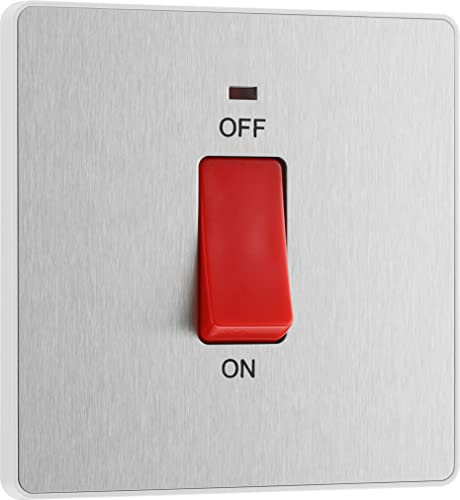 BG PCDBS74W - Interruttore di controllo per fornello elettrico, con indicatore di alimentazione LED, piastra singola, bipolare, senza viti, in acciaio spazzolato, 45 A