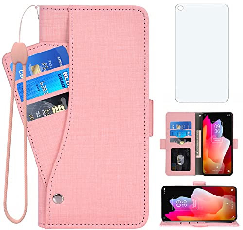 Asuwish Compatible with TCL 10L / TCL 10 Lite Wallet Case and Tempered Glass Screen Protector Leather Flip Cover Card Holder Stand Cell Accessories Phone Cases for Android TCL10L TLC 10L Women Pink