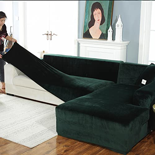 LJQAIZYL Sofa Schonbezug U Form Ecksofa Couch Bezug,Dickere Samt Sofabezug L Form Links Rechts,2er Set Chaiselongue Sofa überzug für Wohnzimmer, Sofa Überwürfe für Hunde Haustiere,Green-4seats+4seats