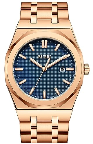 BUREI Uhren Herren Edelstahl Analog Armbanduhr Herren Wasserdicht Datum Herrenuhren Klassische Business Männer Quarzuhr Geschenke für Männer (Gold)