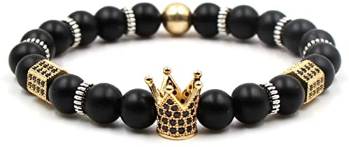 Armband Perlen Damen, Bead Armband Damen Schwarzes Gold Legierung Krone Und Sechseckige Säule Perlenarmbänder Edelstein Armband
