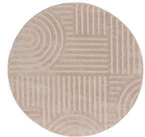 Kurzflor Teppich, Rund, Wohnzimmer, Boho Geometrisch - Beige - Ø200 cm (rund) - Moderner Superweicher Teppich