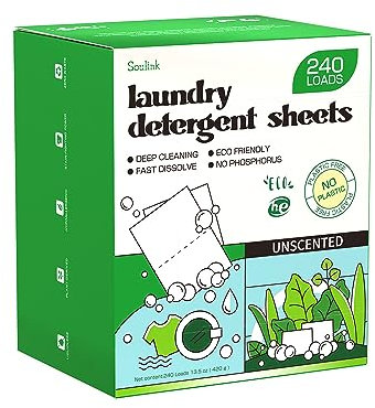 Fogli detergenti per bucato, inodori, 240 lavaggi, ecologici, per viaggi e casa, senza brocca di plastica, strisce di sapone liquido, a base vegetale, ipoallergenici, sicuri per pelli sensibili