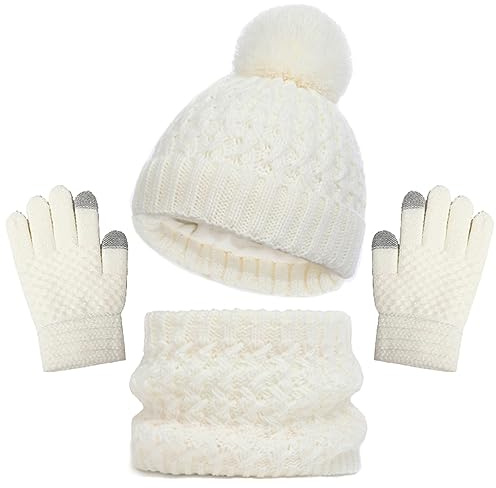 Baynetin Kinder Wintermütze Schal Handschuhe Set, 3 Stück Mädchen Warme Pompom Beanie Hut Touchscreen Handschuhe Runder Schal Set mit Fleece Gefüttert für Jungen Mädchen 2-8 Jahre