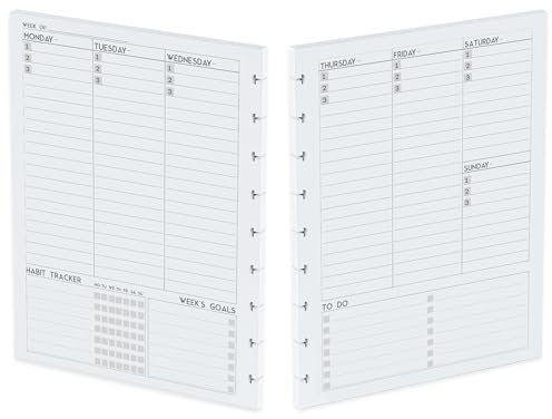 Discbound undatierter Wochenplan-Papier-Nachfüllpackung, 120 g/m², 80 Blatt/160 Seiten, Happy Planner 9 vorgestanzte Einlagen, lose Blätter, weiß, 17,8 x 23,6 cm, To-Do, Notizen, Gewohnheiten-Tracker