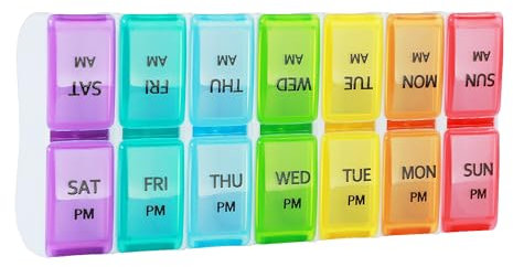 Daily Pill Box Organiser, Weekly Pill Box Organiser 2 Times a Day, AM PM Pill Cases Medicine Storage Box 7 Days, Daily Tablet Organiser for Vitamin, Fish Oil, Supplements, Detachable (Rainbow)